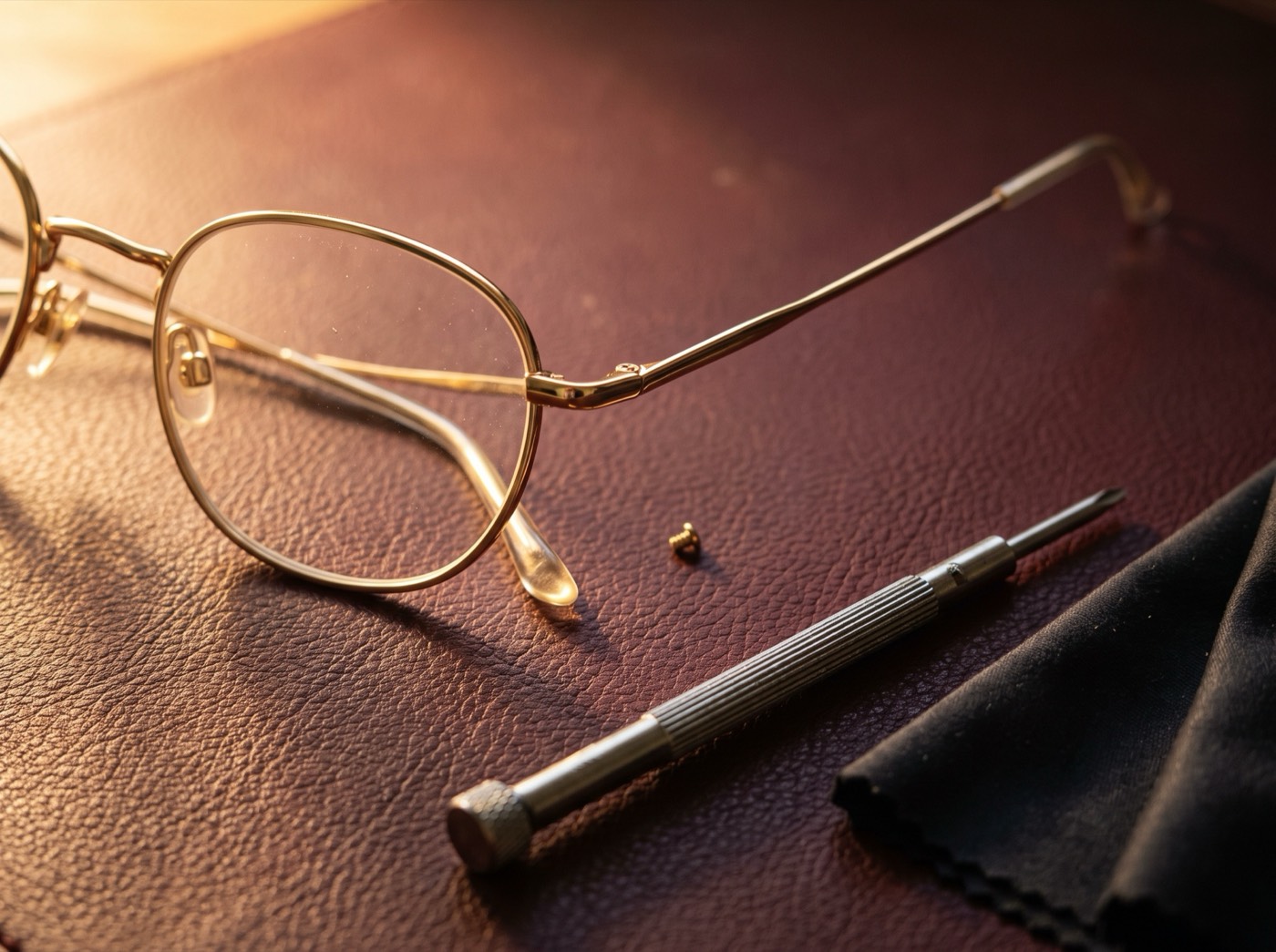 Gold wire eyeglass frames beside a jeweler's screwdriver and cloth on an oxblood leather pad