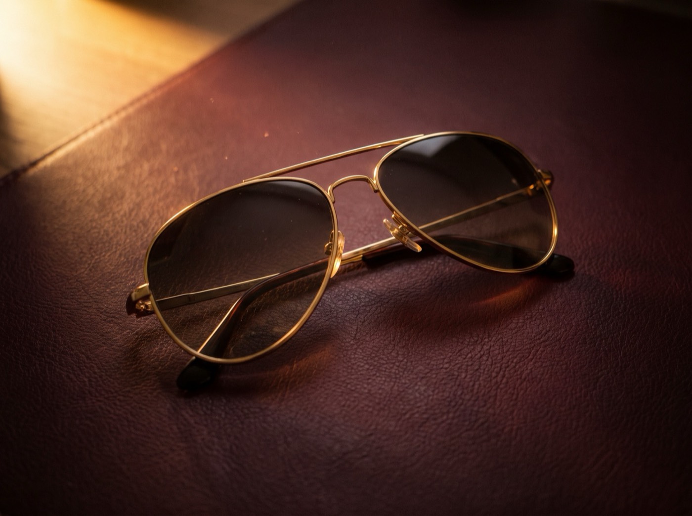 Folded gold-frame aviator sunglasses on an oxblood leather counter pad