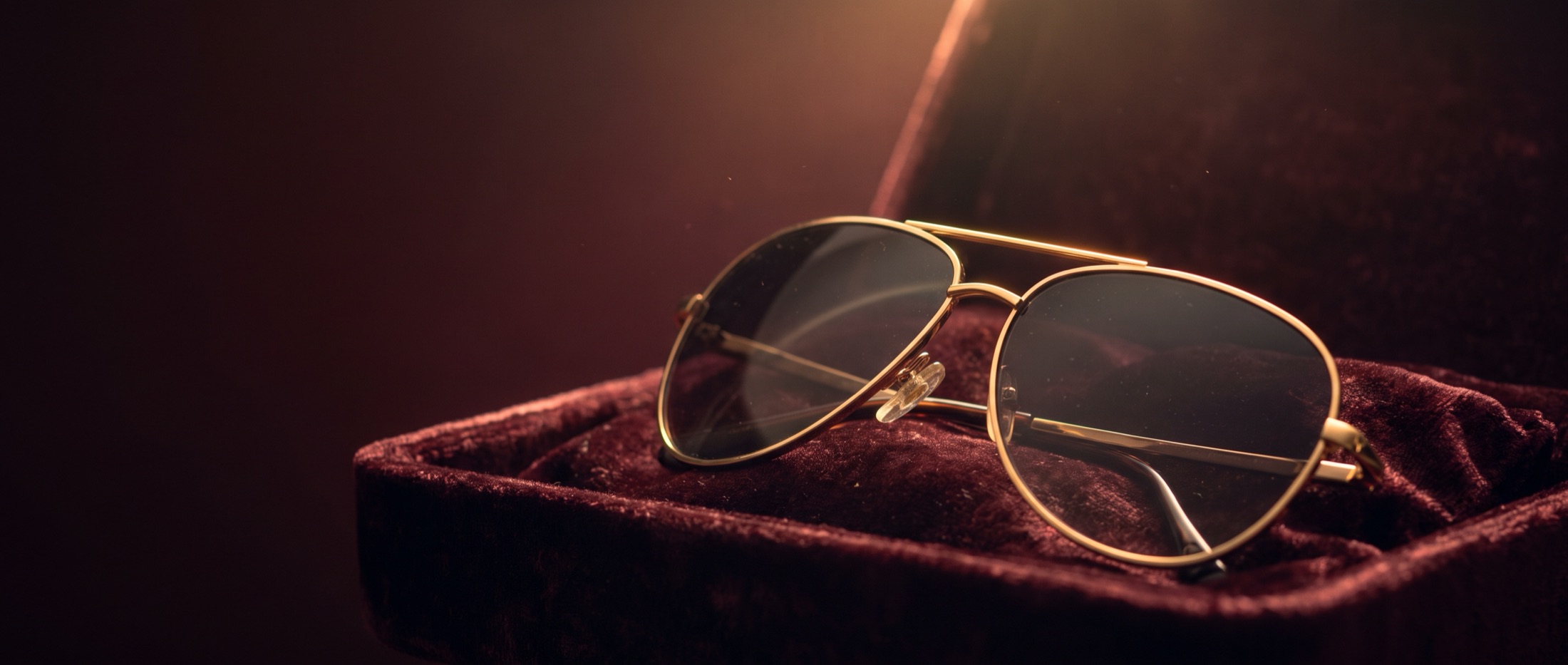 Gold-framed aviator sunglasses resting in a jewel box lined with deep burgundy velvet, lit by a warm gold light