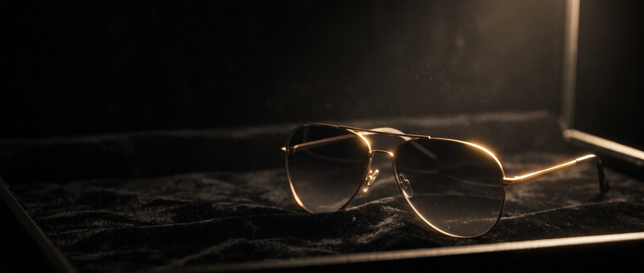 Gold-framed aviator sunglasses resting on black velvet in a display case, lit by a warm gold light