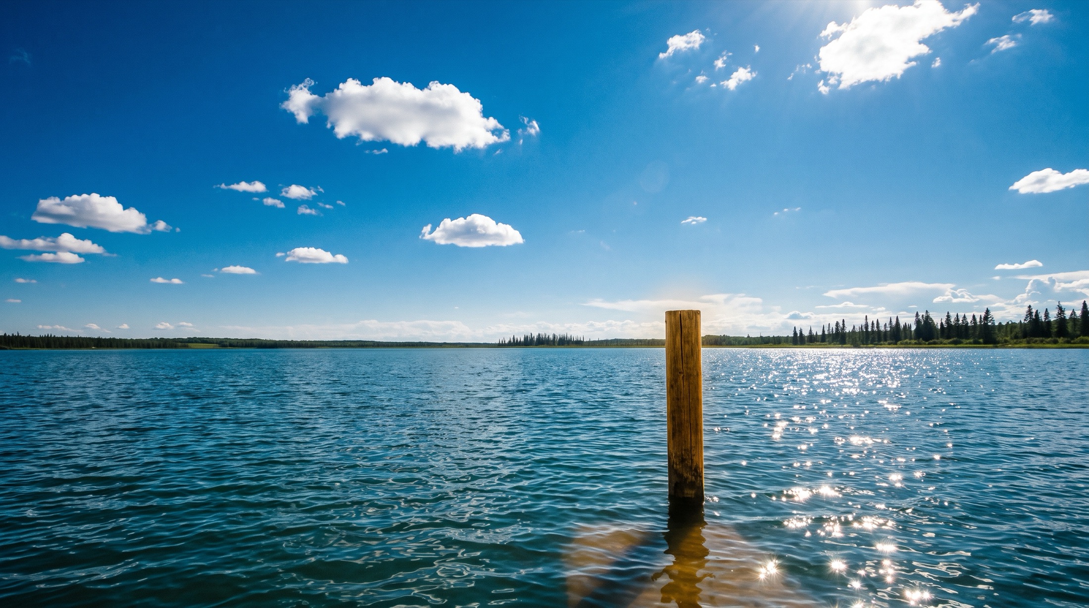 A prairie lake in summer, washed out by harsh sun glare