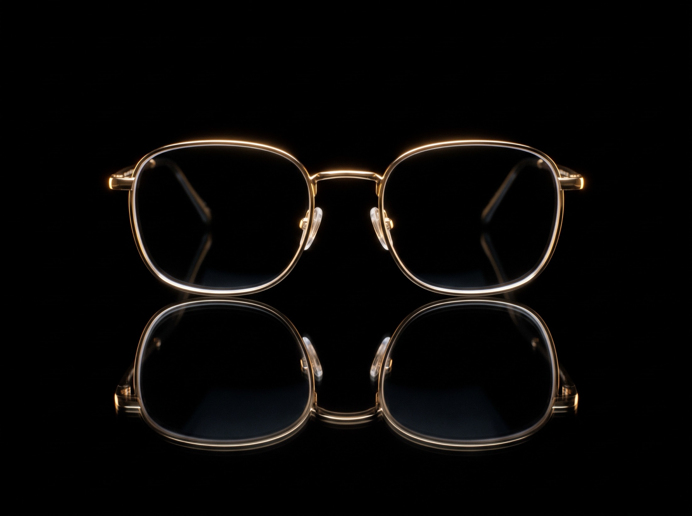 Thin gold wire optical frames standing on black glass with a mirror reflection