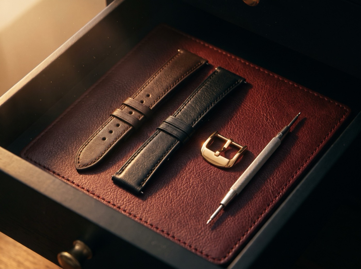 Two leather watch straps, a gold buckle and a spring-bar tool on an oxblood leather pad