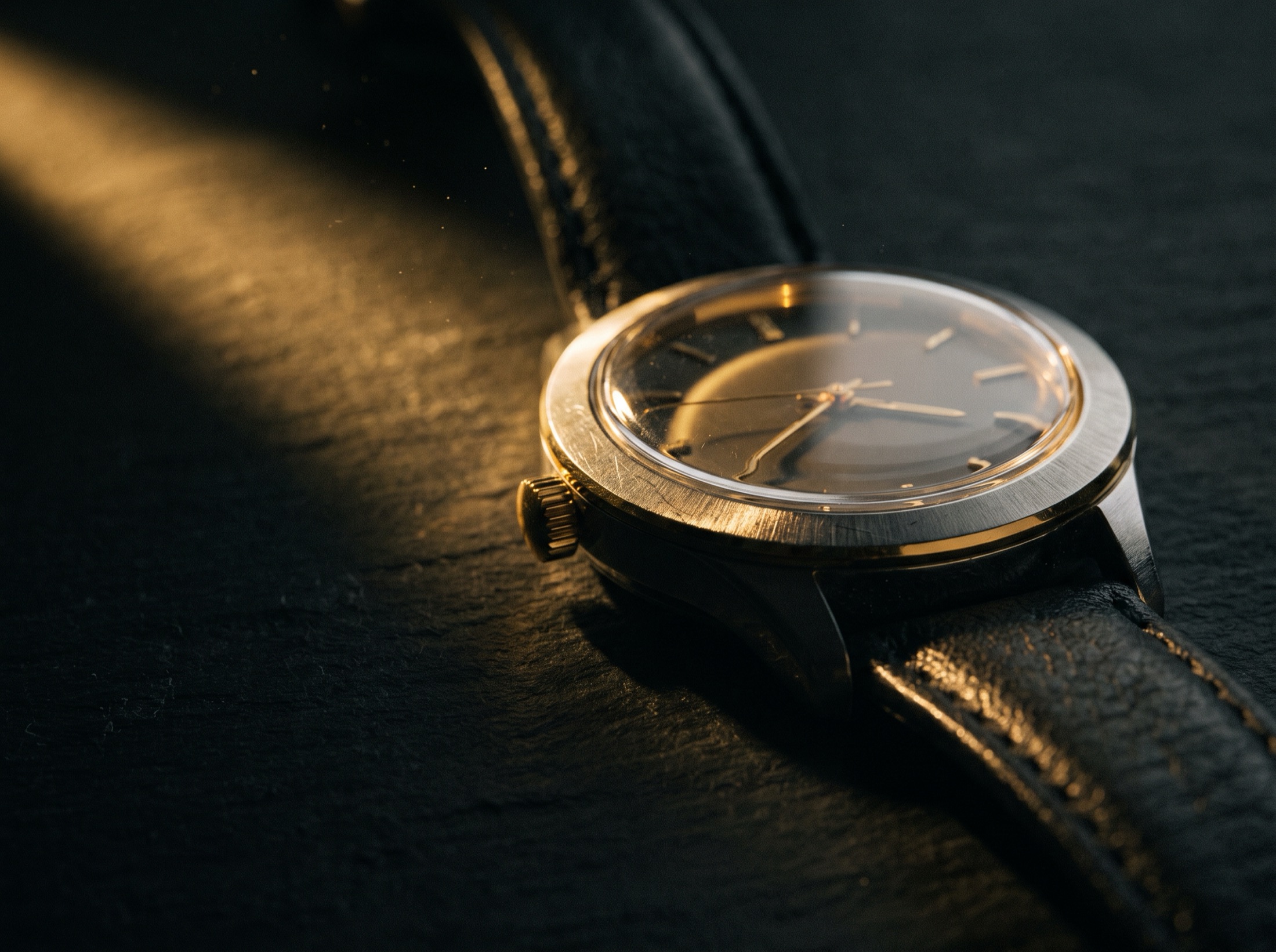 A classic wristwatch with a leather strap on a dark bench under warm gold light
